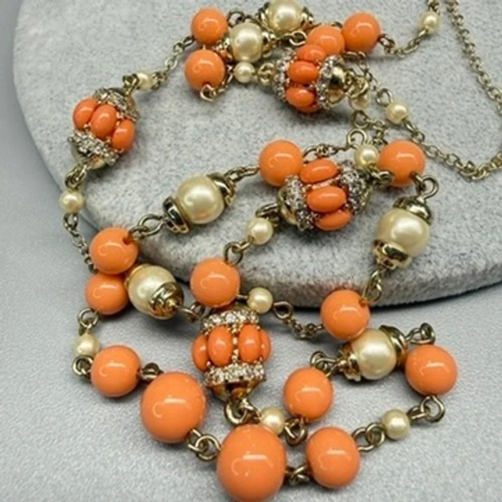 Banana Republic Orange Bead and Faux Pearl Station Necklace 34